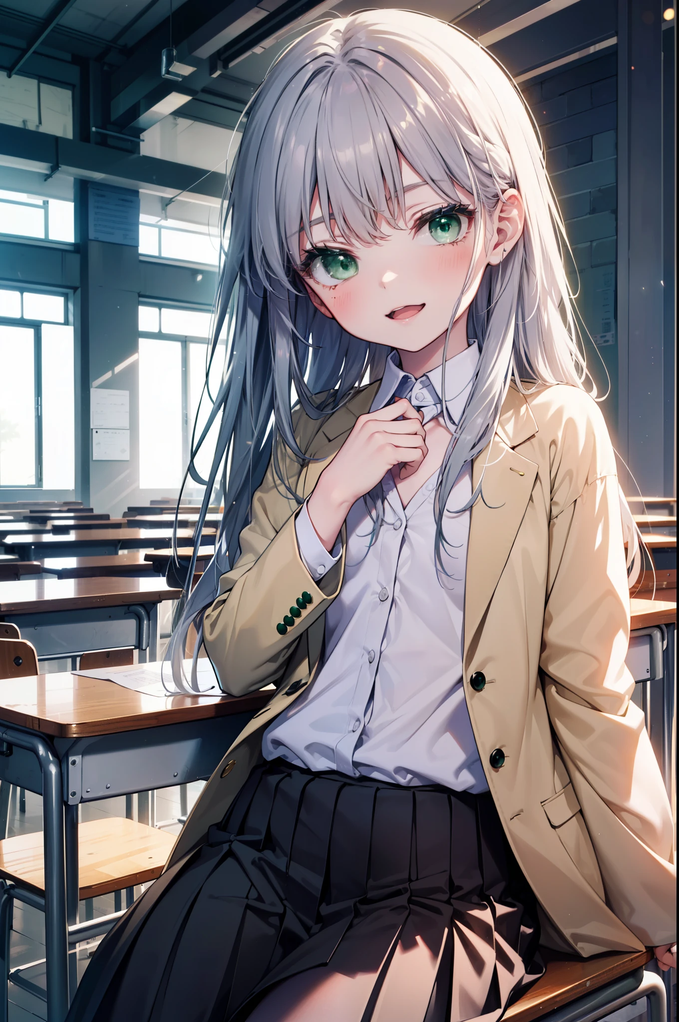 index, index, (green eyes:1.5), silver hair, long hair, (flat chest:1.2),happy smile, smile, open your mouth,White Y-shirt,yellow blazer,White pleated skirt,black pantyhose,brown loafers,sitting cross-legged on a chair,There is a textbook on the desk,daytime,
break looking at viewer, Upper body, whole body,
break indoors, School classroom,
break (masterpiece:1.2), highest quality, High resolution, unity 8k wallpaper, (figure:0.8), (detailed and beautiful eyes:1.6), highly detailed face, perfect lighting, Very detailed CG, (perfect hands, perfect anatomy),