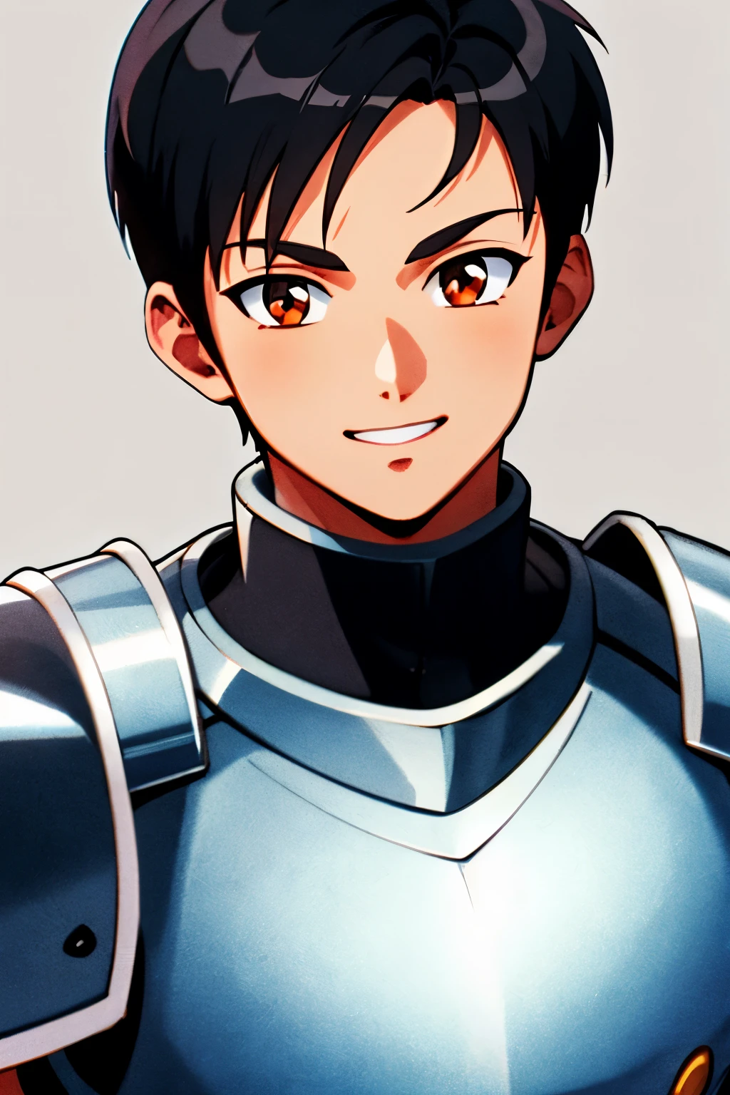 masterpiece, best quality, cel shaded, bright colors, 1boy, solo, male focus, young boy, short black hair, brown eyes, youthful smile, healthy complexion, muscular frame, silver knight armor, looking at viewer, staring straight ahead, upper body shot, simple background