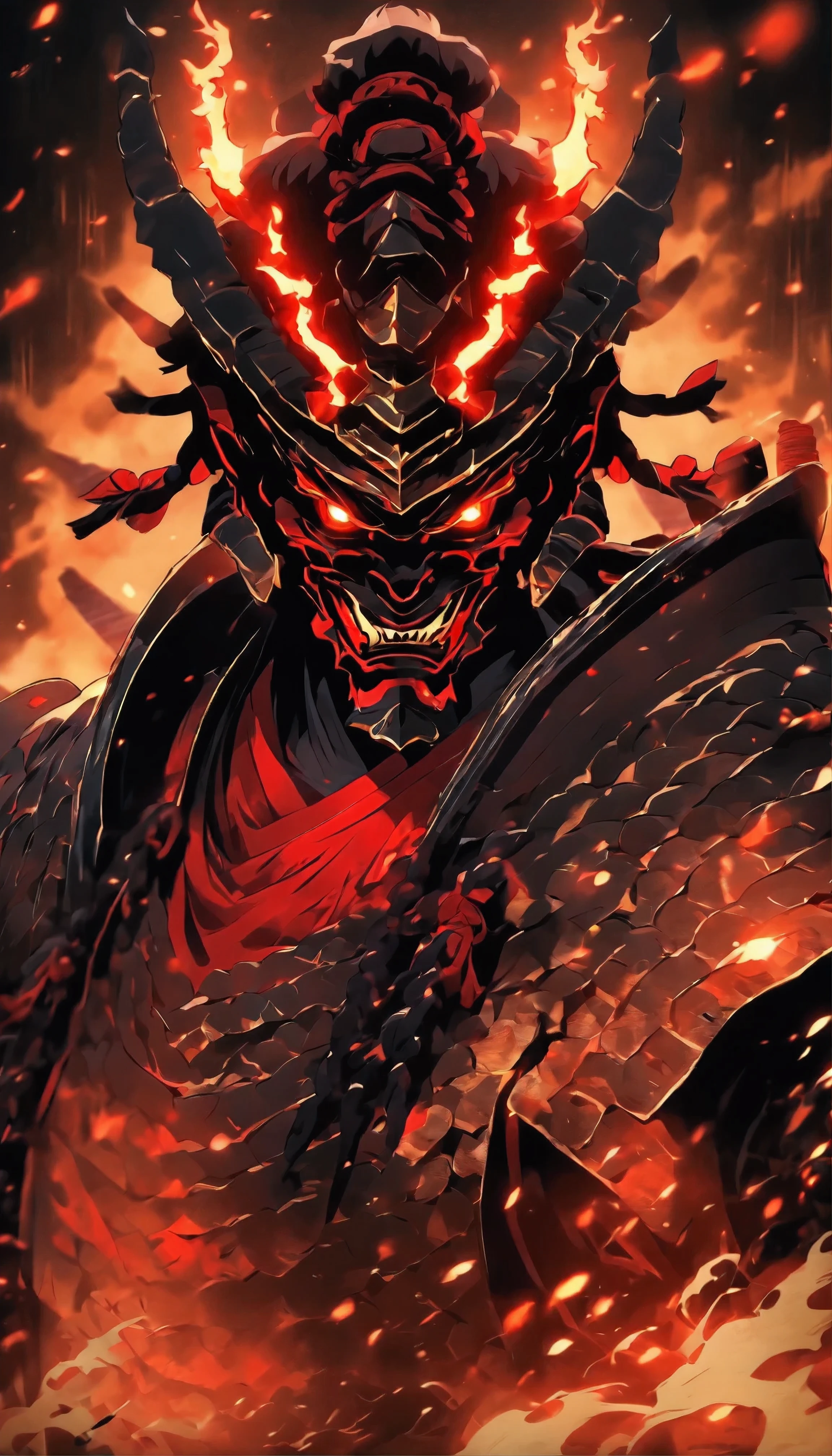 Demons with red glowing eyes,Wear ancient Japanese shogun armor,The helmet stands in a combat stance,Prepare to pull out the blade