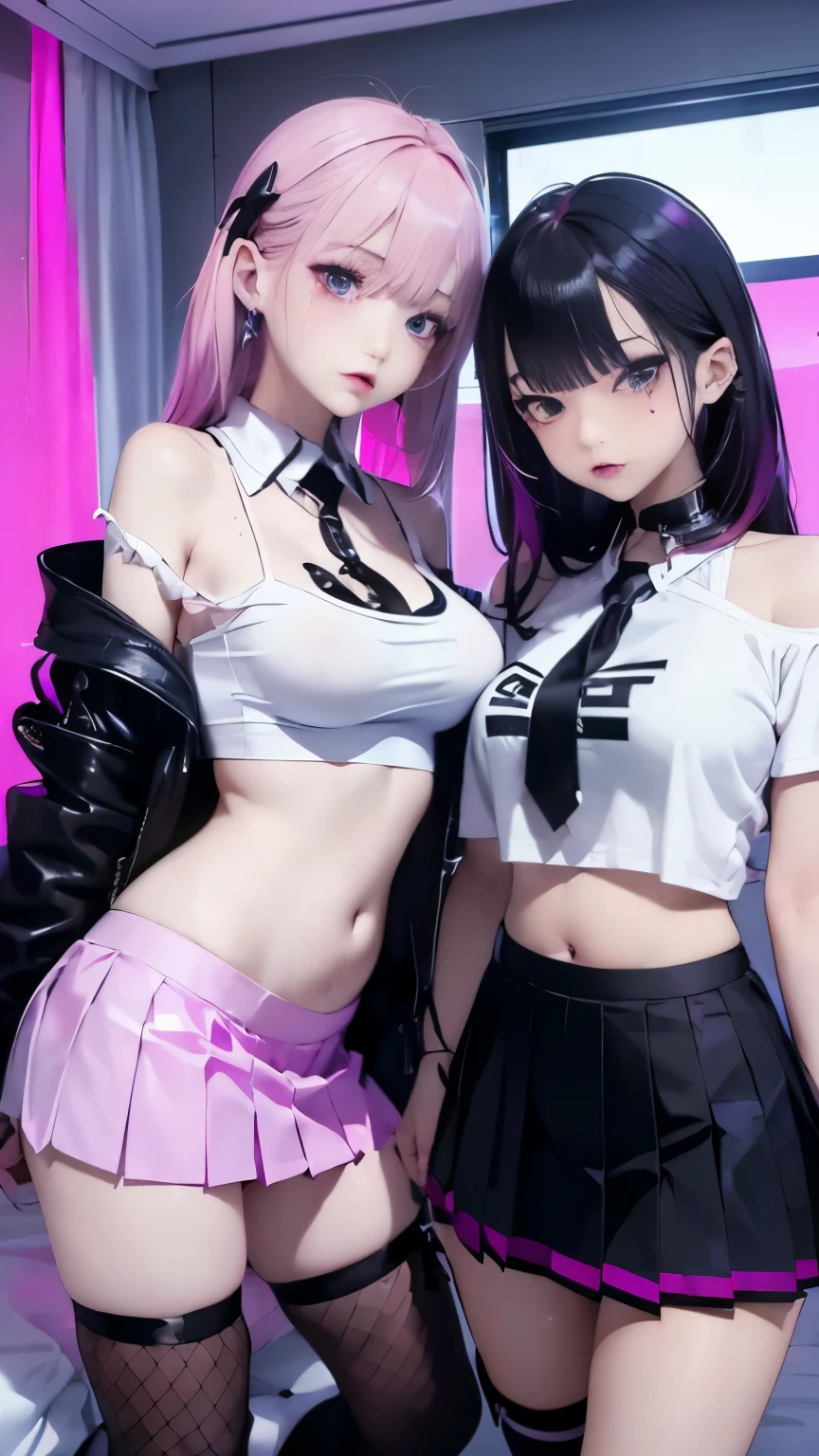(masterpiece, highest quality, highest quality, official art, beautiful and aesthetic:1.2), (2 girls:1.8), Cinematic lighting、(key light:Front diagonal 45 degrees, fill light、Backlight、shadow、blue and orange color palette), accurate human body、detailed person、Correct five-finger、RAW photo、 4K - ultra-vivid、highest quality, masterpiece, ultra high resolution, (reality: 1.4),
1 Girl、/Jet black hair/、(((/black and purple super shiny latex panties/)))、((( /black skin/ , /White shirt with tie/ , high school girl、pleated skirt , cleavage ,oil skin)))、(shiny body: 1.5)、 please be shy、(Ahegao:1.5)、((/black mask/))、full of embarrassment、sexy pose、((vapor))、/break/, On the bed in a love hotel、(((/pink lighting/)))、A dimly lit, lewd room、Desaturation in the room
(((oil skin,sparkling skin、realistic skin texture、detailed beautiful skin、shiny skin、shiny skin)))、
upper body shot, camera angle is low, Depth of the bounds written, Focus on the center, fine eyes, perfect face and eyes、
1 girl、
17 years old, (goth makeup), (white skin), (T-shirt and skirt), (Show below ), (Fishnet tights), (belly button jewelry), (pierced ears), (Pierced Lips), /purple eyes/, /Short black emo hair/, (big breasts), (8K), (wallpaper), (dynamic lighting), (detailed face and eyes:1.2)、short skirt、Thick-soled low-cut boots and large shirts、off shoulder, /break/two girls