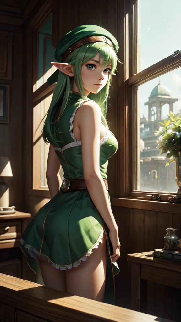 Master piece, girl with green hair and a green hat standing in a room, looking out the window, splash art, style artgerm, elf girl, range murata and artgerm, artgerm lau, vivy, style of artgerm, style league of legends, ruan jia and artgerm, artgerm style, ! dream artgerm, viewer looking in the window