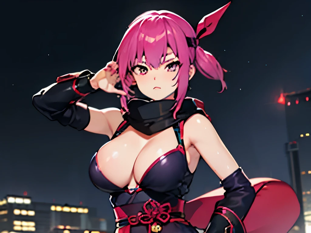 Beautiful and sexy Female Ninja The Mugen Tenshin clan, long hot pink hair, soft blue eyes, perfect breasts, Rooftop, in the rain, Twilight, High quality Render, (DOA) full body