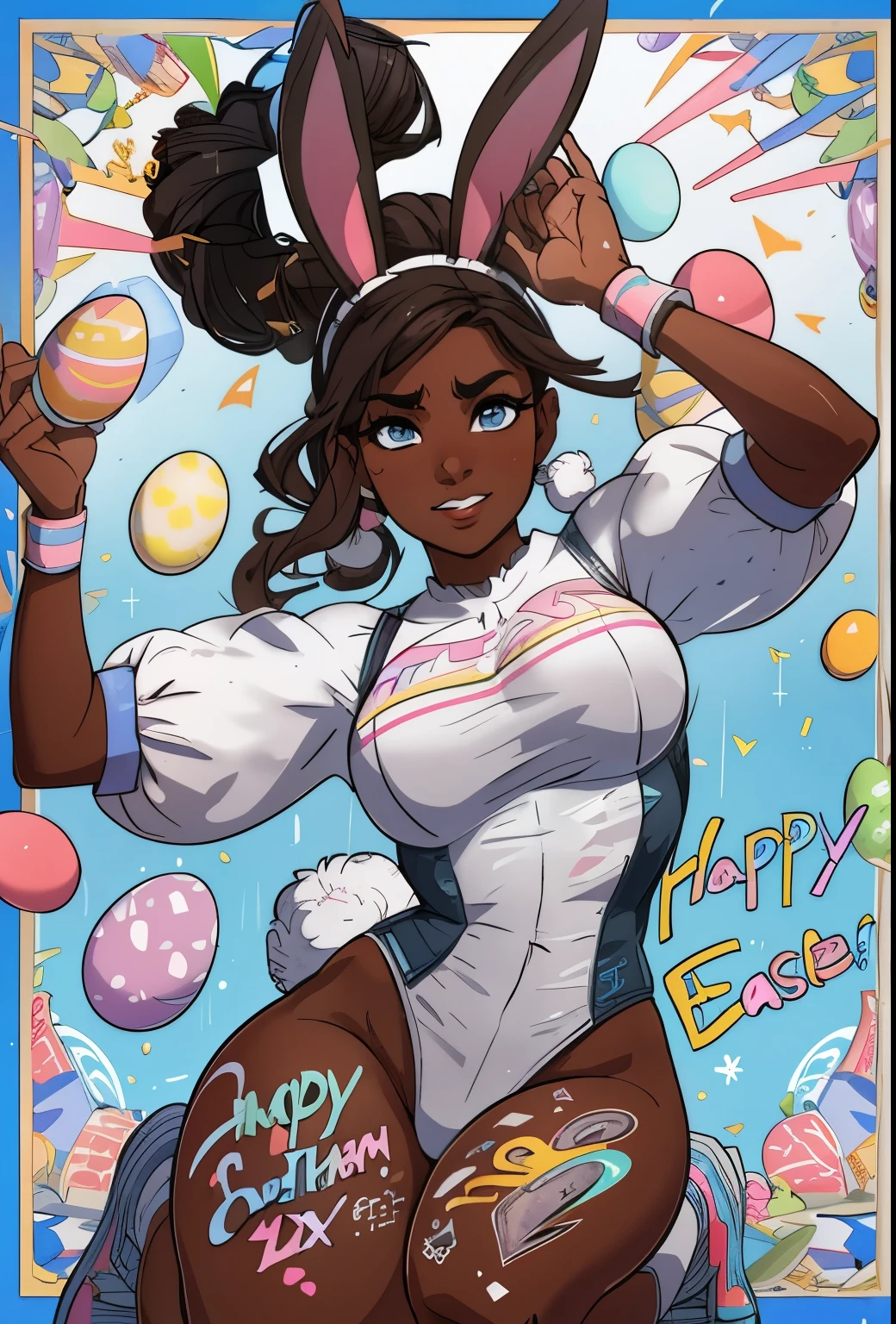 "happy easter" text, (strong,attractive and perfect bunny girl, connie maheswaran, easter magazine cover, Easter bunny bodypaint with bunny ears and cotton tail, easter bunny celebration, raining easter eggs, breakdancing) ((perfect eyes, perfect face, perfect body, perfect hands, perfect charm)), ultra realistic  human details, ultra quality, 16k,  perfect face,  perfect eyes, perfect body, perfect hands, perfect charm, ultra-detail, 3d ,hyper-detailed, splash art, motion lines, award-winning masterpiece, impact frame, Cinematography, cel-shaded, mixed media, amazing quality, incredibly aesthetic, incredible absurdres, incredibly sharp gradients, deep highlights, warm tones, rich shading, atmospheric shading, FULLY RENDERED, UHD, HDR, hyper-stylistic, motion details, intricate character design detail, Life-size-body, dynamic angle, dynamic pose, rule of third, dynamic perspective, dynamic Line of action,  dynamic scenery, atmospheric lighting, 717gigapixels, high quality, high resolution, overhead