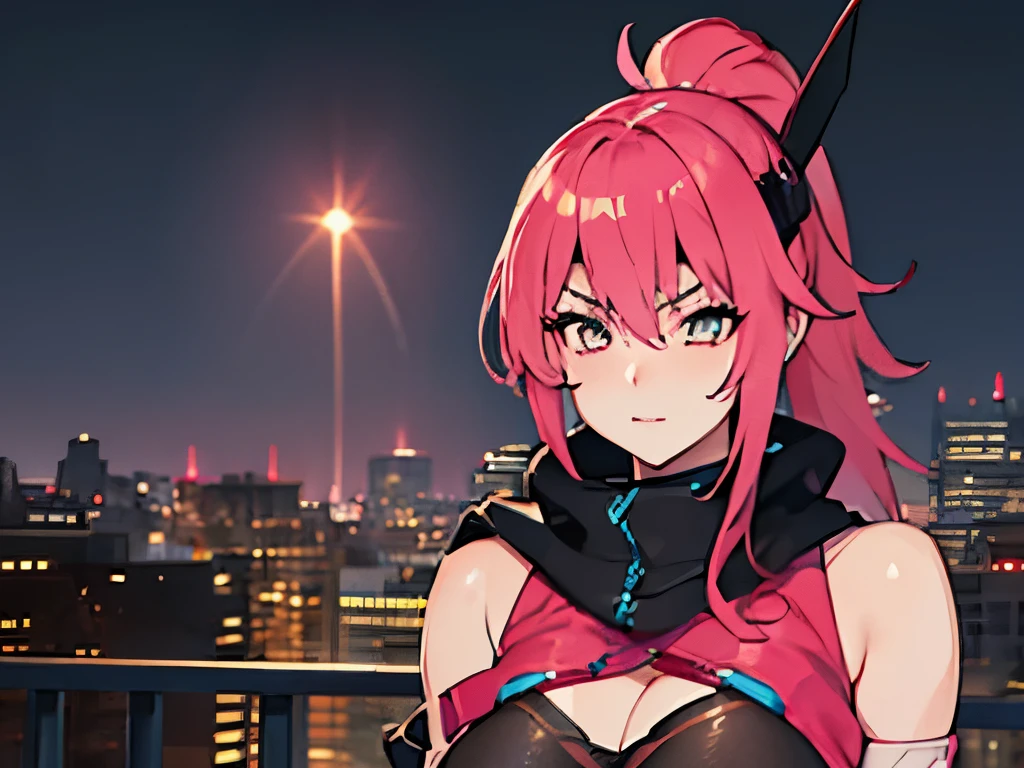 Beautiful and sexy Female Ninja The Mugen Tenshin clan, long hot pink hair,  soft blue eyes, perfect breasts, Rooftop, in the rain, Twilight, High quality Render,  (DOA) full body 