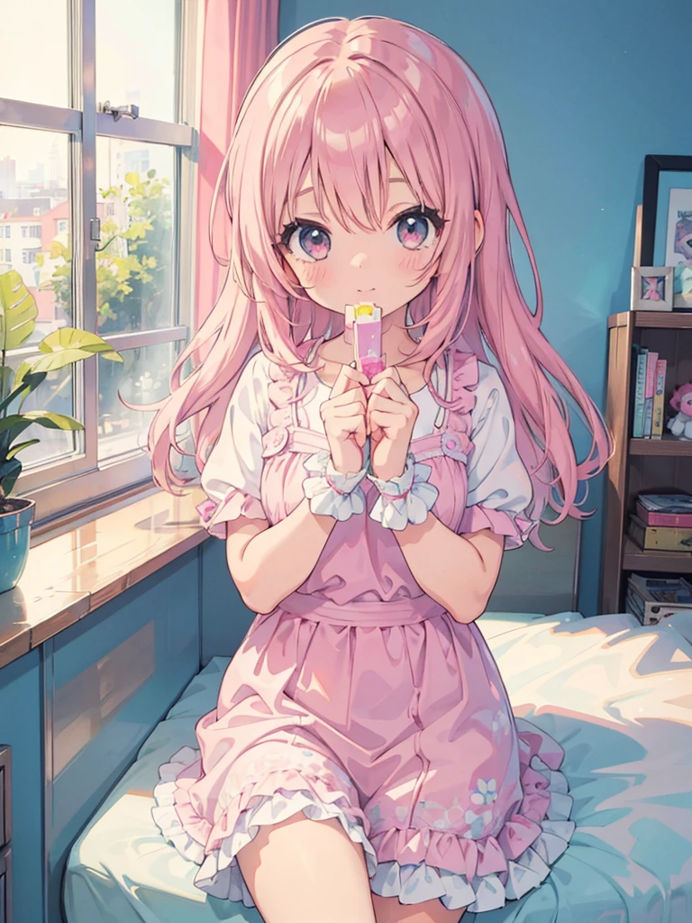 beautiful illustration, best quality, cute girl, bedroom, pastel color, idolmaster-millionlive