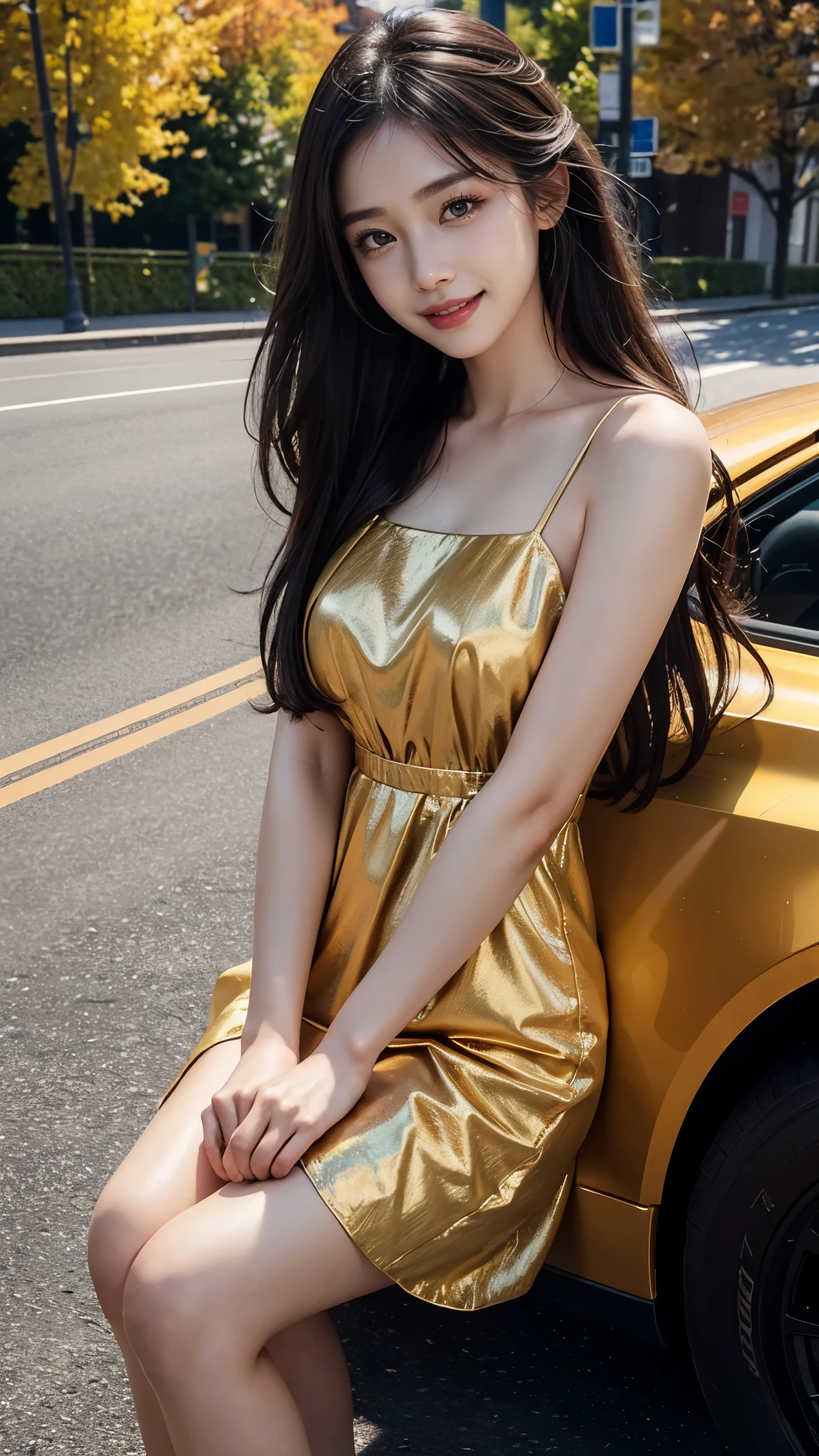 ((Masterpiece)), ((best quality)), 8K, HD, Awesome details, (woman), (White dress with golden yellow trim.), (scattered golden veils), (closed eyes expression) (Sleeping in the car 1.6) (Full-body display 1.4) งานศิลปะเป็นMasterpiece, ด้วยคุณภาพที่ดีที่สุดและAwesome details, captured in 8K HD. Photographic realistic, realistic, very detailed illustrations realistic, Octane rendering