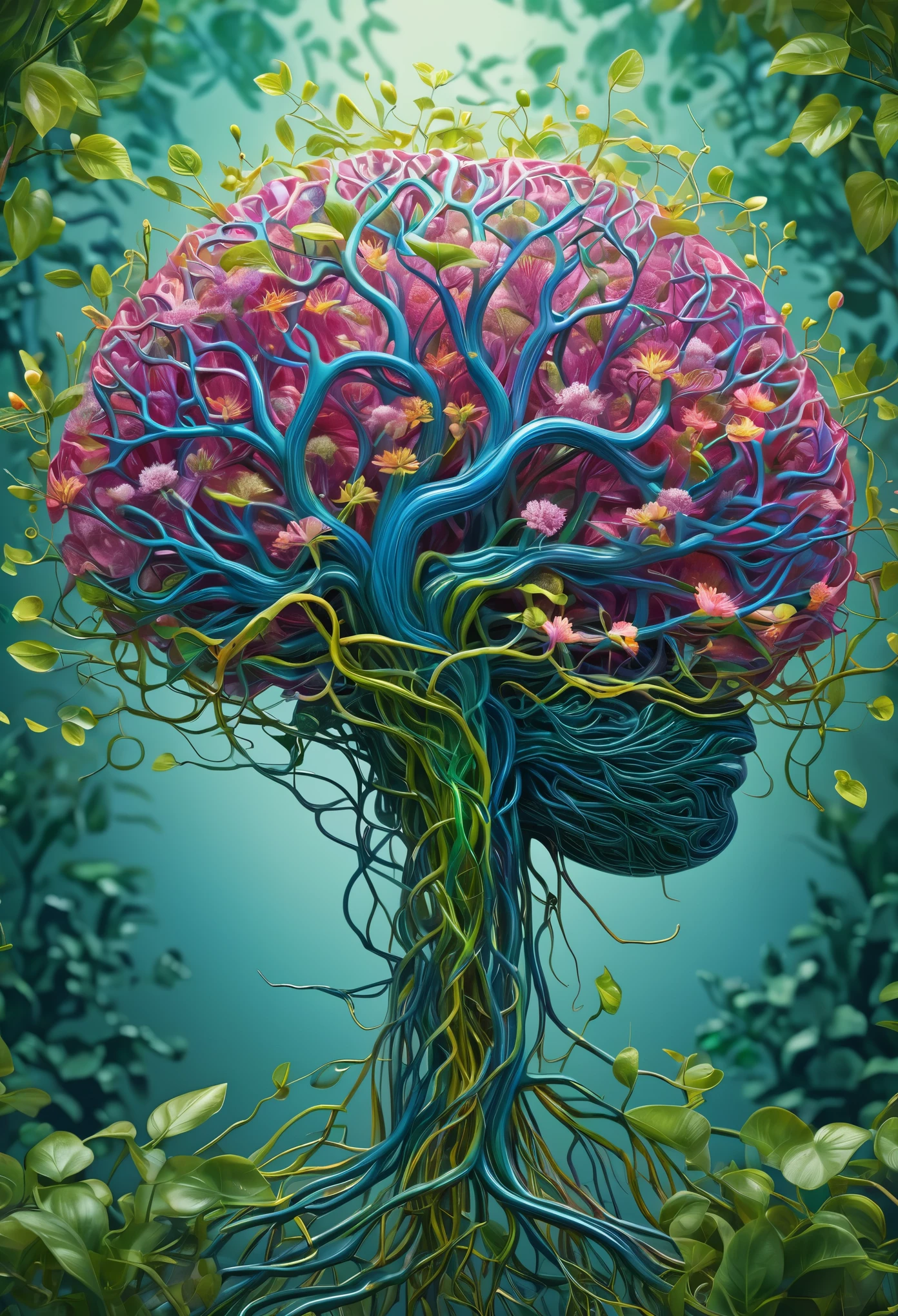 A mesmerizing digital illustration of a human brain. The brain CONSISTS ENTIRELY OF intricately woven with trees, vines, and flowers, which are sprouting from the brain stem, creating a surreal and organic fusion of nature and intelligence. The vines branch out, forming complex neural networks that are translucent and extend into the surroundings. The brain is depicted without bones and skin, purely composed of the vegetation, showcasing the interconnectedness of nature and human cognition. The illustration is rendered with extreme detail, capturing every intricate texture of the trees, vines, and flowers, creating a visually stunning masterpiece. The colors of the illustration are vivid and vibrant, with a color palette dominated by various shades of green and violet, representing growth, life, and harmony. Some flowers bloom in vibrant hues of pink, blue, and yellow,