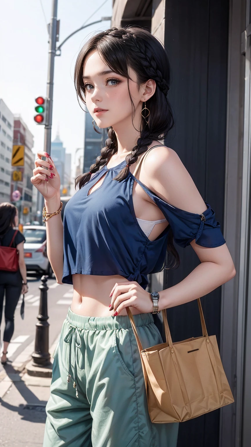 masterpiece, best quality, ultra quality, high quality, realistic, photo realistic, warm lighting,natural lighting,cinematic lighting,RAW photo, hyper detailed, intricate detailed, perfect anatomy, Fujifilm XT3,(cowboy shot),1 woman, Japanese beautiful woman,babyface,brown very short twintail hair over one eye,(medium breasts:1.2),(slender body:1.2),sweaty, tan skin,sunburn tanline,(smile:1.3),black eyes,(Japanese carnival street),(night),(standing),(Glasses:1.3), BREAK wearing blue off shoulder top and brown tutu skirt,(medium shot),