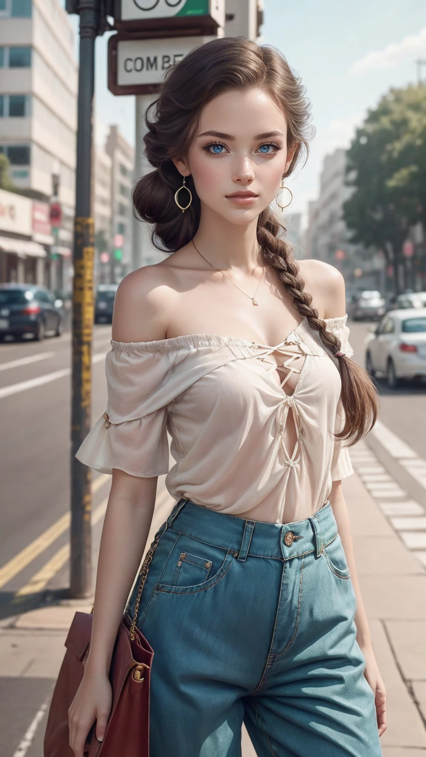 (最high quality, 8K, masterpiece: 1.3, Ultra HD, high quality, 最high quality, High resolution, realism)) 、25 year old white woman、brunette、blue eyes、long hair、smile、slender、slenderだがアスリートのような細マッチョ、I don't want my head to disappear from the screen.、Wear accessories on your wrist、Wearing red nail polish、I have a peticure、Sheer off-the-shoulder top((shoulder cutout tops))wear、Sheer Aladdin pants((aladdin pants))Wear、サンダルWear、Carry a tote bag over your shoulder、Asymmetrical hairstyles((asymmetrical hair)Skyscraper background、Waiting for a traffic light at an intersection、crystal earrings((crystal earrings))、side braids((side braid))