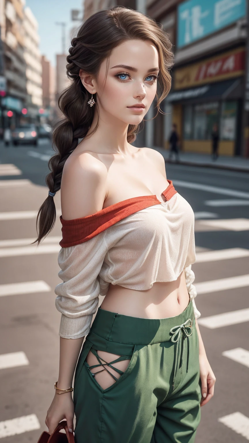 (最high quality, 8K, masterpiece: 1.3, Ultra HD, high quality, 最high quality, High resolution, realism)) 、25 year old white woman、brunette、blue eyes、long hair、smile、slender、slenderだがアスリートのような細マッチョ、I don't want my head to disappear from the screen.、Wear accessories on your wrist、Wearing red nail polish、I have a peticure、Sheer off-the-shoulder top((shoulder cutout tops))wear、Sheer Aladdin pants((aladdin pants))Wear、サンダルWear、Carry a tote bag over your shoulder、Asymmetrical hairstyles((asymmetrical hair)Skyscraper background、Waiting for a traffic light at an intersection、crystal earrings((crystal earrings))、side braids((side braid))