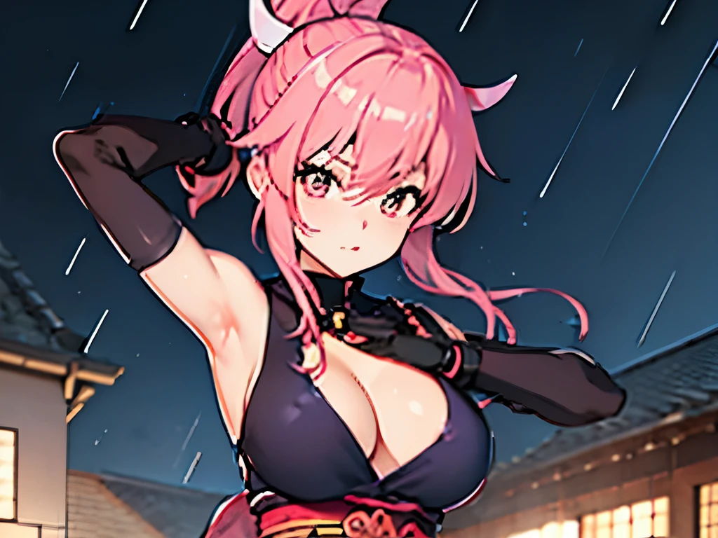 Beautiful and sexy Female Ninja The Mugen Tenshin clan, long hot pink hair,  soft blue eyes, perfect breasts, Rooftop, in the rain, Twilight, High quality Render,  (DOA) full body 