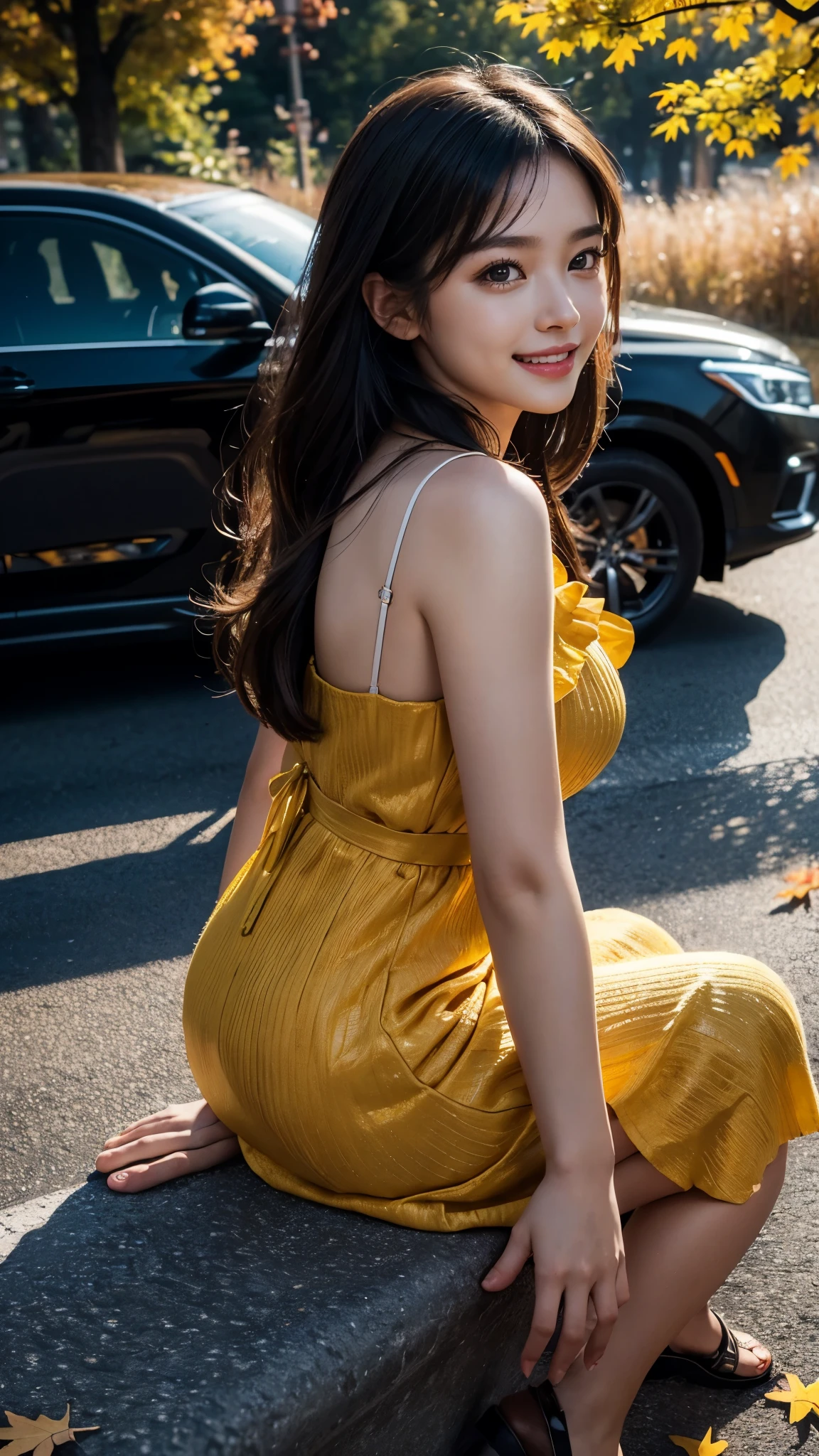Master piece, CG Unity 8k walpaper, ((Realistic: 1.2))Ray Tracing, 64k, Beautiful 20 years girl, Asian realistic girl, Ultra Realistic, ultra HD, ((Autumn)), ((Road)), Vehicles, Solo, Yellow Frock, Falling Orenge colour leafs, many fallen leafs in ground, Beautiful smile, ((smile: 1.2)), realistic Skin, Perfect young body, Young figure , detailed background, Detailed skin, detailed dress, Long Black hair, cinematic lighting, cinematic Photography, High resolution Dress Quality, High resolution picture quality,