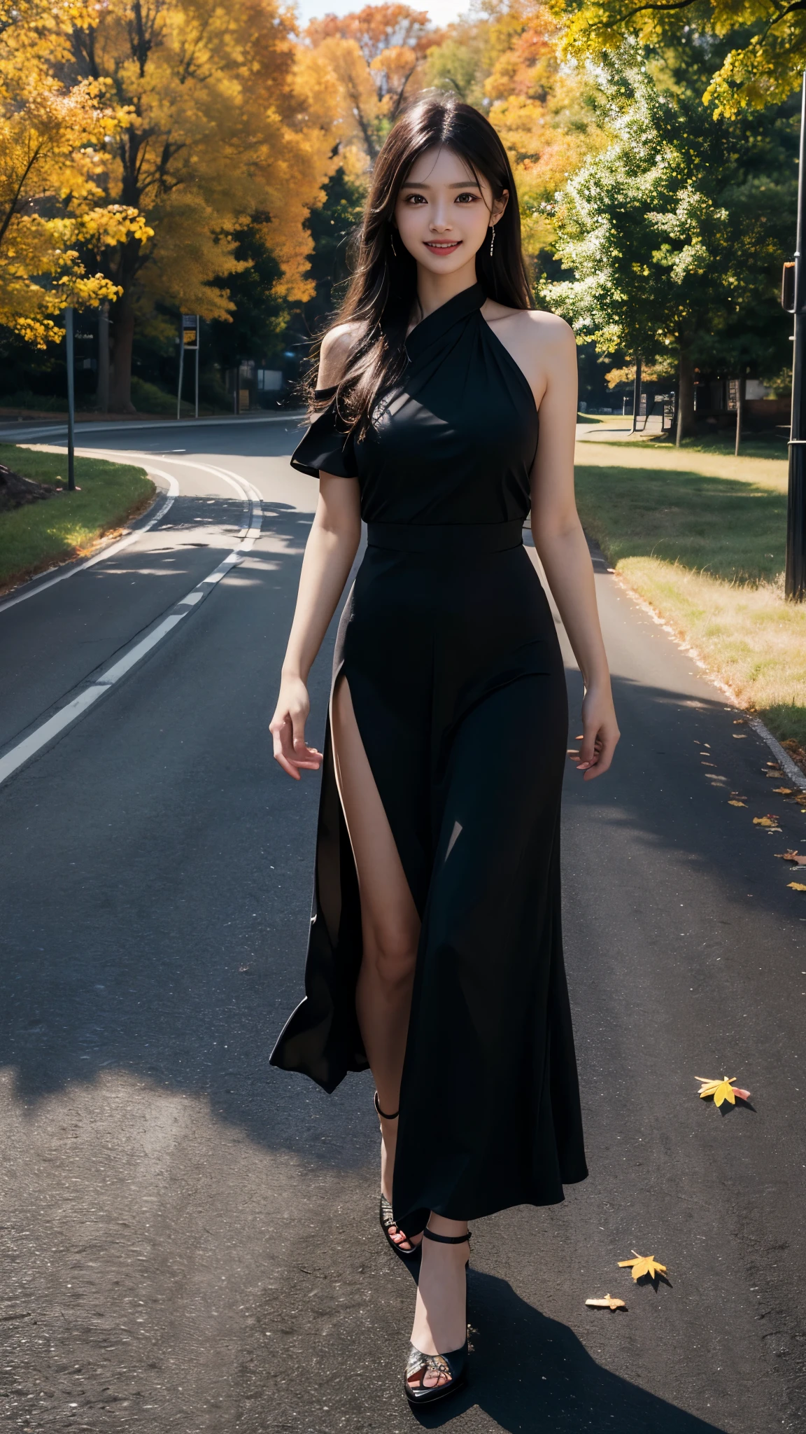Master piece, CG Unity 8k walpaper, ((Realistic: 1.2))Ray Tracing, 64k, Beautiful 20 years girl, Asian realistic girl, Ultra Realistic, ultra HD, ((Autumn)), ((Road)), Vehicles, Solo, Yellow Frock, Falling Orenge colour leafs, many fallen leafs in ground, Beautiful smile, ((smile: 1.2)), Standing, Stylish look, sexy angles, realistic Skin, Perfect young body, Young figure , detailed background, Detailed skin, detailed dress, Long Black hair, cinematic lighting, cinematic Photography, High resolution Dress Quality, High resolution picture quality,