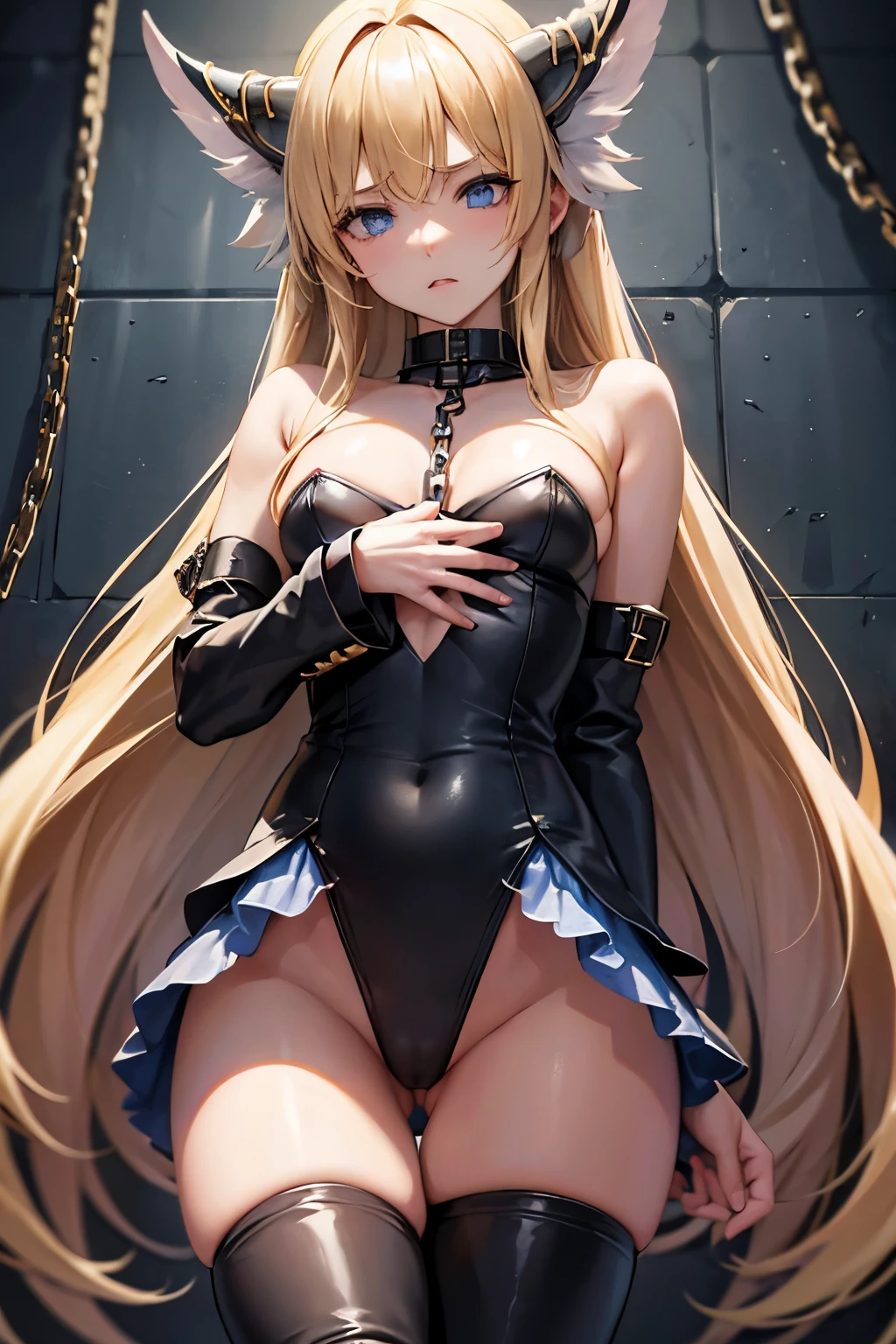 lease, blonde、long hair、bondage、thigh high boots、Photo from below、medium chest、prison、first round、Chains in both hands、embarrassed expression、On your back