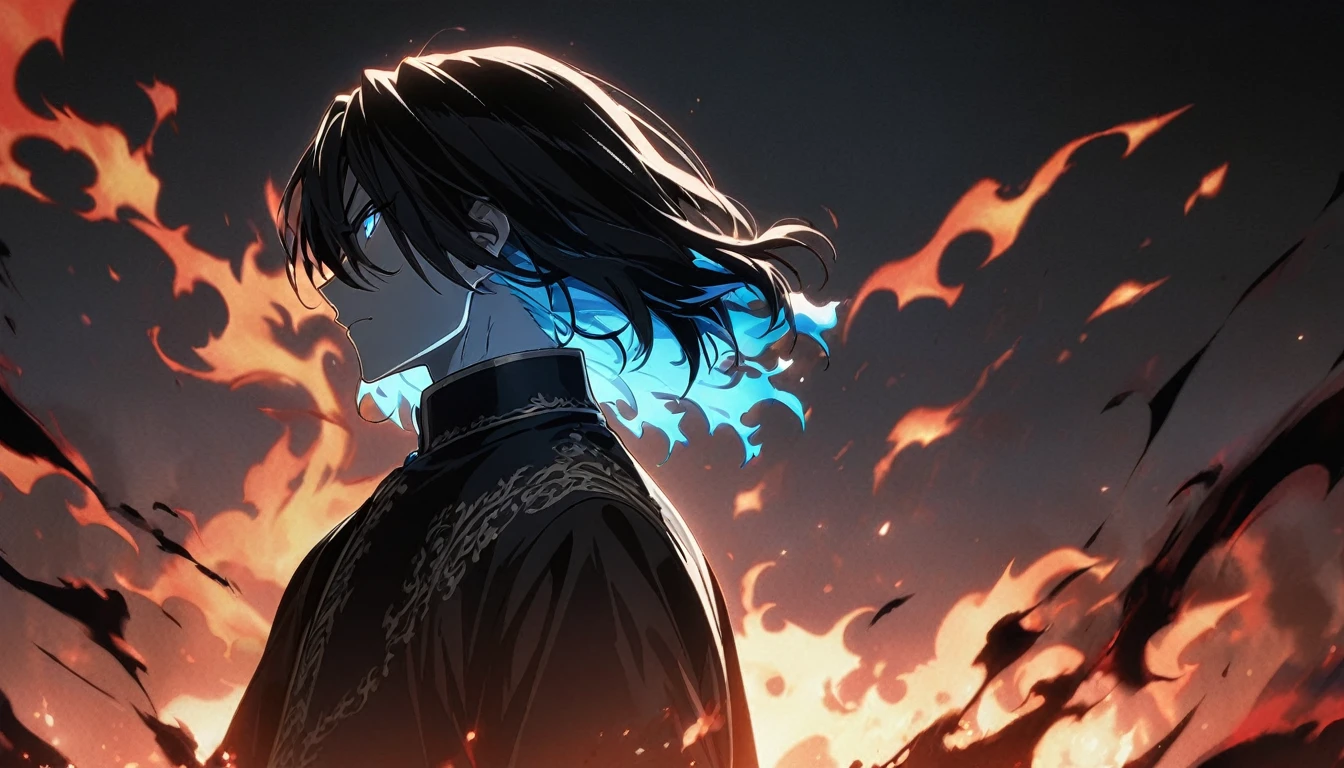 (Young guy), ((handsome)), 1guy, strong and tall, (solo), (red medium hair:1.1), (blue eyes:1.1), ((eyes details)), fit body, black sherwani, anime hight quality, masterpiece, moonlight, starry sky, evil smile, High quality wallpaper, fiery arms, magicflames, flames, hell background, from side, facing away