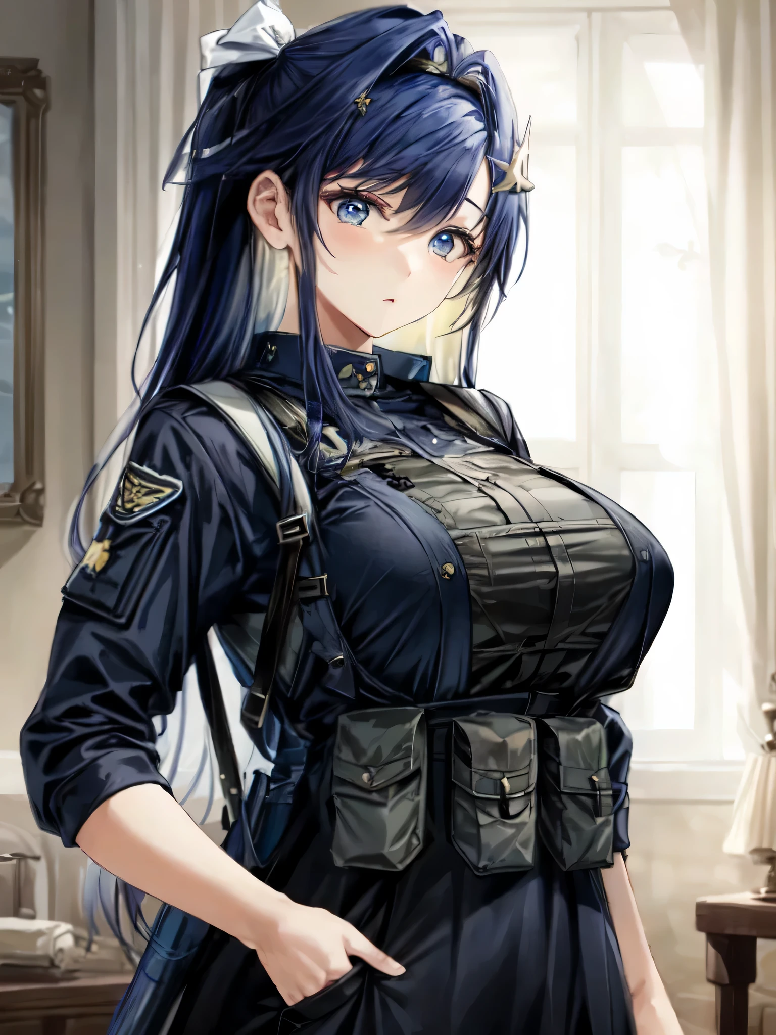 masterpiece, best quality, higres, soft light , mature woman body, black swat uniform, tactical vest.