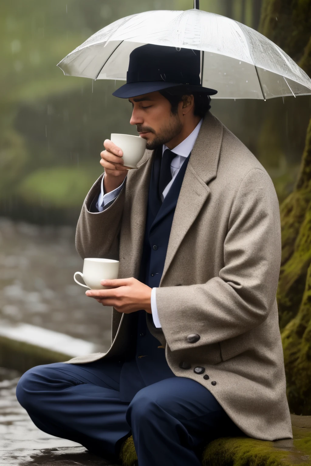 A contemplative man, clad in various weather-appropriate attire, is depicted in this thought-provoking image. In the first scene, he sits on a moss-covered stone bench under the golden sun, dressed in a light linen suit and a straw hat shielding his eyes from the bright rays. His calm expression and slightly furrowed brows suggest deep thought.
In a second scene, he stands underneath the drizzling rain, bundled up in a heavy overcoat, and holds a steaming cup of tea in his hands. The gentle rain cascades down his face, revealing a pensive look.
In the final scene, he's shown sitting by a roaring