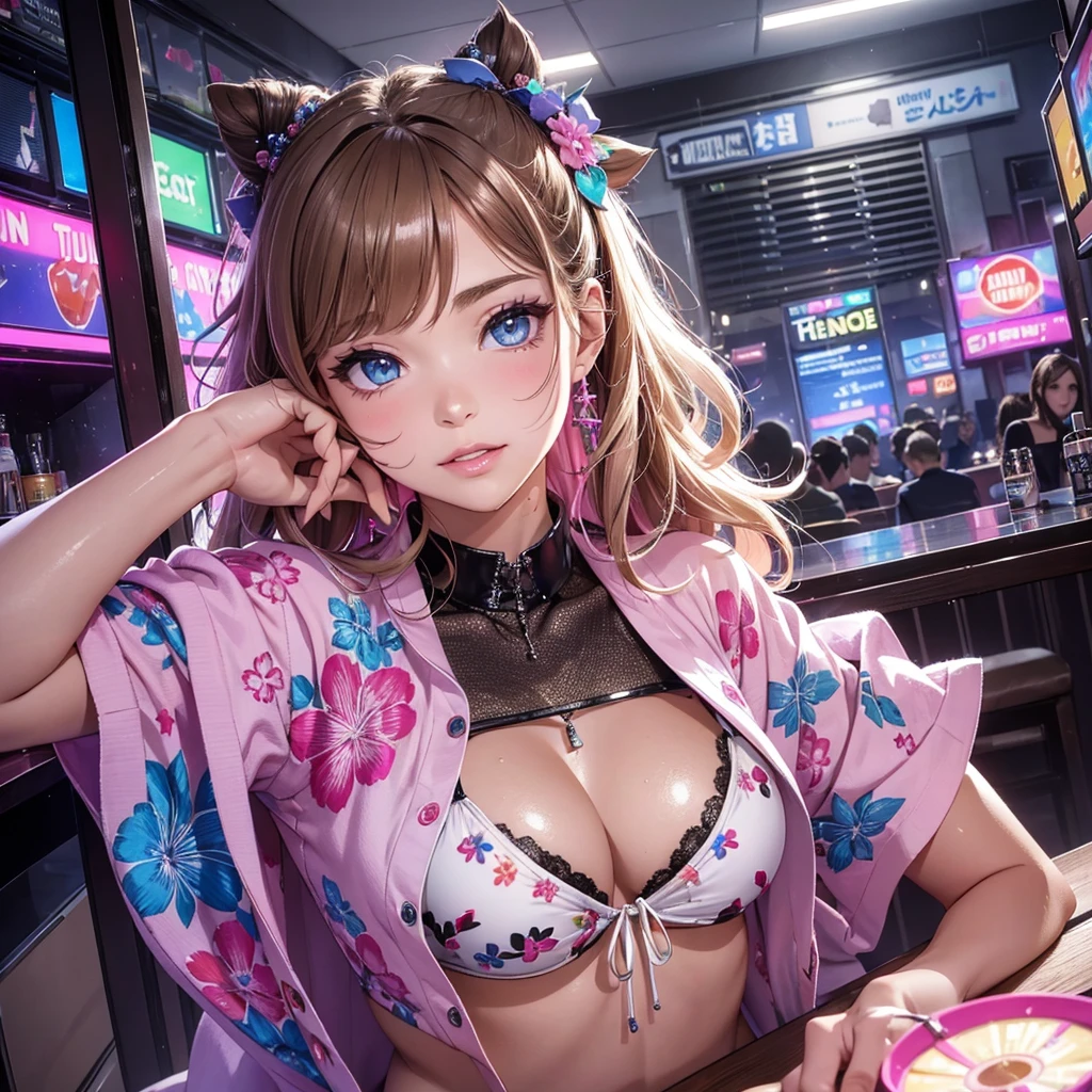 (dessus de la table: 1.3), (Maximum resolution: 1.2), (Ultra HDTV: 1.2), Ultra HDTV, (detailed eyes and skin), (detailed facial features), 8k resolution, sharpness: 1.2, Style parfait, beau visage, accurate, anatomiquement correct, Highly detailed face and skin texture, detailed eyes, dark blue eyes, Double eyelids, Sourcils fins, (eyes down:0.65), (Glittery eyeliner:1.2), (WET BODY), Joues naturelles, Peau brillante, (peau claire:1.2), collier et boucles d'oreilles brillants, (shiny lips: 1.4), CASSER, absurde, Point de vue d'une seule personne, (Elle est une employée de boîte de nuit très mignonne.), (Tout en portant un yukata court:1.3), CASSER, (montrant un petit string de bikini blanc:1.2), CASSER, (sourire timide:1.2), ((18 ans, Fille très mignonne et soignée:1.3)), (coiffure queue de cheval haute, wavy hair), (light brown hair:1.4), cheveux mi-longs, (photo de tout le corps: 1.2), se concentrer sur le visage, seins moyens et gros, ((Pose de séduction dynamique à l'interior of the counter)), ((In the super erotic disco:1.4)), CASSER, (((Pink neon lights))), (((dim light:1.3))),