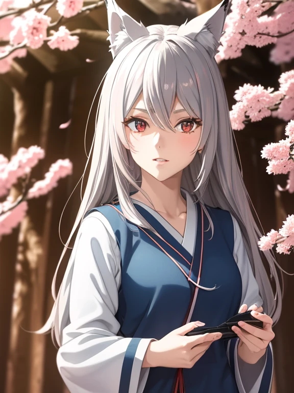 (red eyes,details:1.1),(best quality,4k,8k,highres,masterpiece:1.2),ultra-detailed,(realistic,photorealistic,photo-realistic:1.37),grey and silver hair,redwoodenshoes,girl´s green dress,boy´s blue jeans,beautiful detailed eyes,beautiful detailed lips,extremely detailed eyes and face,longeyelashes,anime styled hair,anime TV show,anime casual clothing,anime characters,anime art style,fox ears on both characters,boy with medium length hair,girl with long hair,background: anime Japanese school,autumn colors on the trees,Japanese cherry blossom tree in the background,daylight,shadows under the trees,soft lighting,mysterious atmosphere,motion blurring effect,full moon in the sky,v