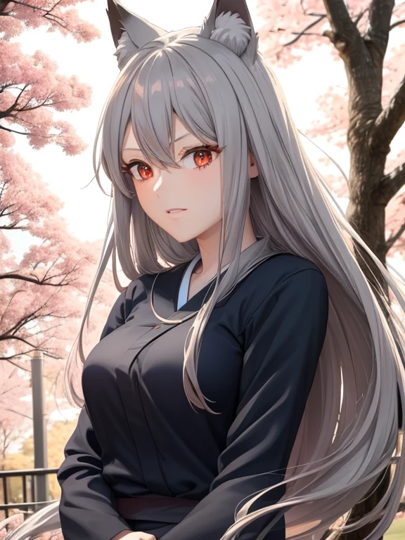 (red eyes,details:1.1),(best quality,4k,8k,highres,masterpiece:1.2),ultra-detailed,(realistic,photorealistic,photo-realistic:1.37),grey and silver hair,redwoodenshoes,girl´s green dress,boy´s blue jeans,beautiful detailed eyes,beautiful detailed lips,extremely detailed eyes and face,longeyelashes,anime styled hair,anime TV show,anime casual clothing,anime characters,anime art style,fox ears on both characters,boy with medium length hair,girl with long hair,background: anime Japanese school,autumn colors on the trees,Japanese cherry blossom tree in the background,daylight,shadows under the trees,soft lighting,mysterious atmosphere,motion blurring effect,full moon in the sky,v