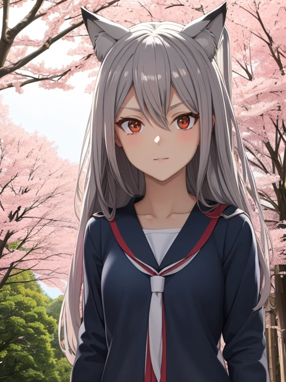 (red eyes,details:1.1),(best quality,4k,8k,highres,masterpiece:1.2),ultra-detailed,(realistic,photorealistic,photo-realistic:1.37),grey and silver hair,redwoodenshoes,girl´s green dress,boy´s blue jeans,beautiful detailed eyes,beautiful detailed lips,extremely detailed eyes and face,longeyelashes,anime styled hair,anime TV show,anime casual clothing,anime characters,anime art style,fox ears on both characters,boy with medium length hair,girl with long hair,background: anime Japanese school,autumn colors on the trees,Japanese cherry blossom tree in the background,daylight,shadows under the trees,soft lighting,mysterious atmosphere,motion blurring effect,full moon in the sky,v