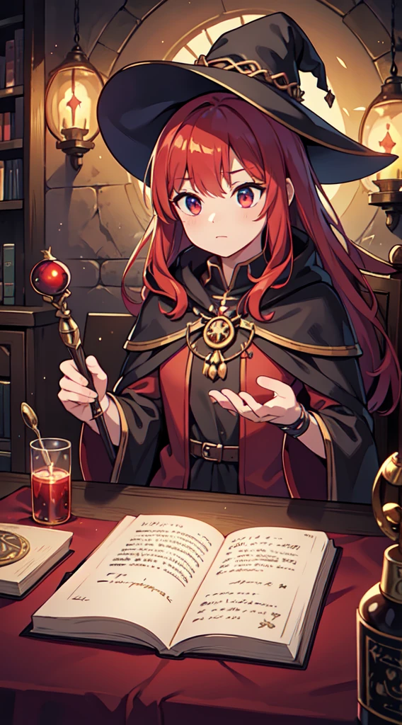 best quality,4k,highres,ultra-detailed,realistic,photorealistic,red-haired woman,witch,sorceress,magic,sitting by table,ancient spellbooks,candles,crystal ball,cauldron,potions,hourglass,incense,smoke swirling,flickering flames,mysterious atmosphere,special effects,glowing symbols,enchanted artifacts,medieval setting,fantasy world,faint moonlight,magical energy,spellcasting,crimson robe,golden jewelry,intense gaze,powerful aura,book of shadows,mythical creatures,dark arts,mystical powers,arcane knowledge,modeling clay,ink and quill,ancient script,occult symbols,dark forest background,crackling energy,resilient magic shield,witch hat,potion brewing,spell scrolls,obsidian dagger,hexes and curses,ethereal beauty