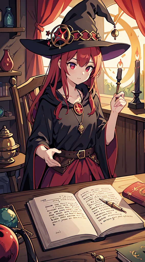 best quality,4k,highres,ultra-detailed,realistic,photorealistic,red-haired woman,witch,sorceress,magic,sitting by table,ancient spellbooks,candles,crystal ball,cauldron,potions,hourglass,incense,smoke swirling,flickering flames,mysterious atmosphere,special effects,glowing symbols,enchanted artifacts,medieval setting,fantasy world,faint moonlight,magical energy,spellcasting,crimson robe,golden jewelry,intense gaze,powerful aura,book of shadows,mythical creatures,dark arts,mystical powers,arcane knowledge,modeling clay,ink and quill,ancient script,occult symbols,dark forest background,crackling energy,resilient magic shield,witch hat,potion brewing,spell scrolls,obsidian dagger,hexes and curses,ethereal beauty