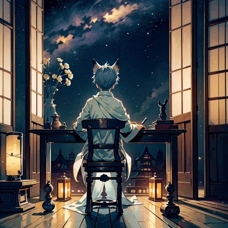 "An ethereal night sky filled with twinkling stars, darkness enveloping the scene, creates an atmosphere of mystery and tranquility. The protagonist stands in awe, gazing up at the vast expanse above. Inside a dimly lit room, a teenage boy can be seen diligently working at his desk. His silver hair falls neatly around his short hair, while his fox ears perk up curiously. A fox tail sways gently behind him as he sits attentively. The room itself is a peaceful sanctuary. A wooden low table sits in the center, adorned with a single candle that casts a soft glow. The clean tatami mats provide a comfortable seating area, inviting relaxation. A bookshelf filled with numerous books stands against one wall, offering a glimpse into the boy's love for knowledge. In this serene setting, the absence of light allows the imagination to wander freely. The night sky and the boy's dedicated work intertwine, creating an atmosphere of peaceful solitude and infinite possibilities."