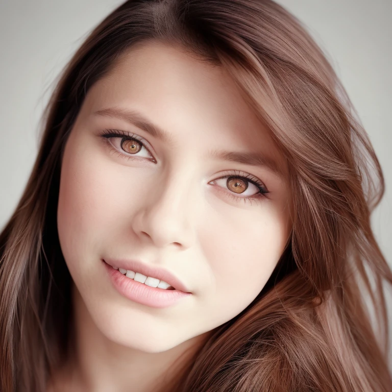 Generate a single, detailed portrait focused on replicating one female's facial features, priority-enhancement:face-focused_high-quality, photo of an attractive brunet woman with long hair, looking at the camera, portrait photography, in the style of studio lighting, shot on Hasselblad 500 C/M --ar 73:128 --stylize 750o