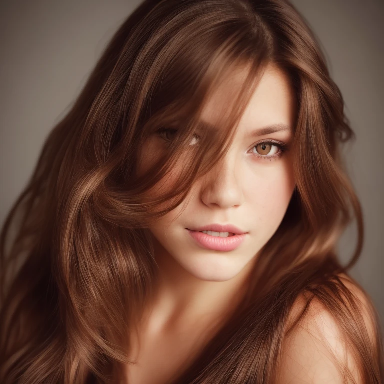 Generate a single, detailed portrait focused on replicating one female's facial features, priority-enhancement:face-focused_high-quality, photo of an attractive brunet woman with long hair, looking at the camera, portrait photography, in the style of studio lighting, shot on Hasselblad 500 C/M --ar 73:128 --stylize 750o