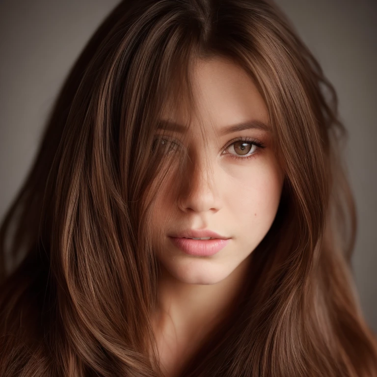 Generate a single, detailed portrait focused on replicating one female's facial features, priority-enhancement:face-focused_high-quality, photo of an attractive brunet woman with long hair, looking at the camera, portrait photography, in the style of studio lighting, shot on Hasselblad 500 C/M --ar 73:128 --stylize 750o