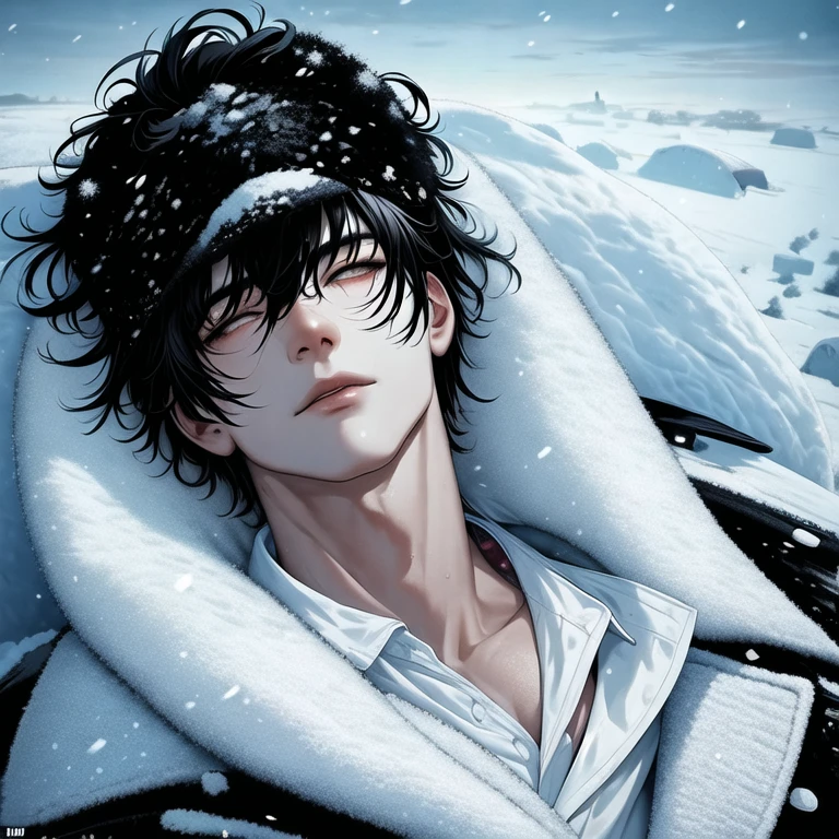 (masterpiece, best quality:1.2), a black hair men lays on snow field with unbrothered facial expression, (unbrothered facial expression), (half-closed eyes), wear soldier hat, cool soldier uniform, snow sky, snowing sky, cinematic lighting, cinematic high sky, magnificent men, handsome men, detail eyes, laying down on snow field, looks at the sky, masterpiece, best quality, detailed scenery, winter, detailed(light and shadow), modern soldier, (Drone view), (Aerial view), (1men), solo men, resting on snow, frosty, fost, snowflake, snow smoke, frosty, it's snowing
