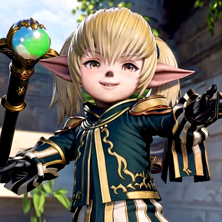 (masterpiece, best quality:1.2,simple background,white background,anime style),1girl,solo,shantotto \(final fantasy\),black gloves,blonde hair,brown eyes,hairband,lalafell,looking at viewer,pointy ears,smile,twin tails,brown nose