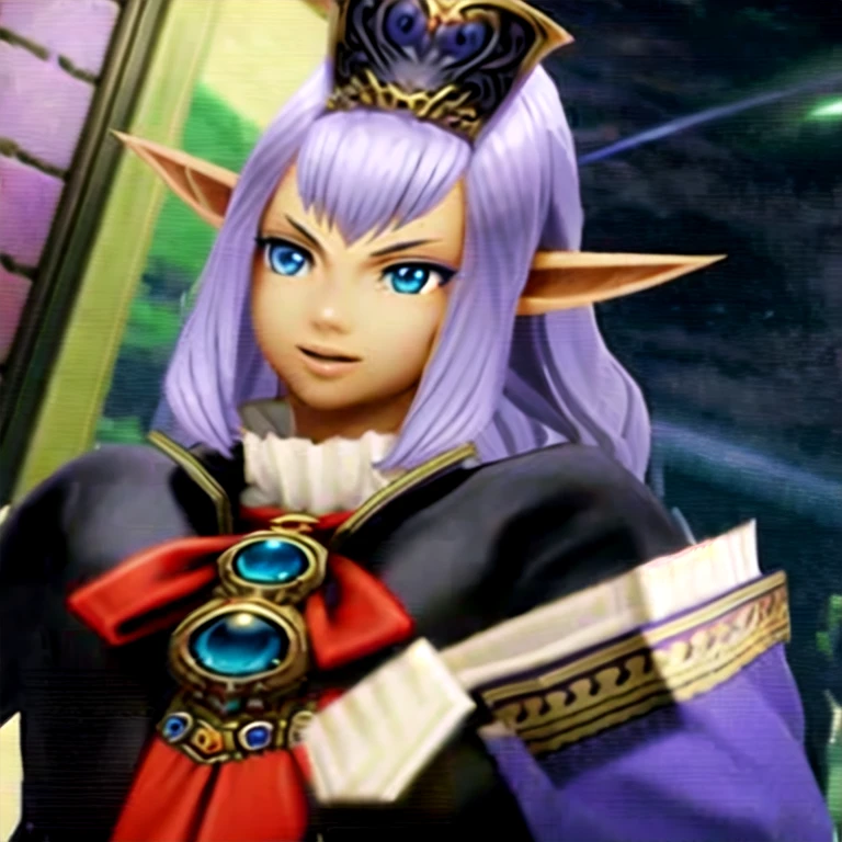 (masterpiece, best quality:1.2,simple background,white background,anime style),1girl,solo,prishe \(final fantasy\),blue eyes,brooch,long hair,pointy ears,looking at viewer,purple hair,crown,red bowtie,smile,crop top,purple sleeves