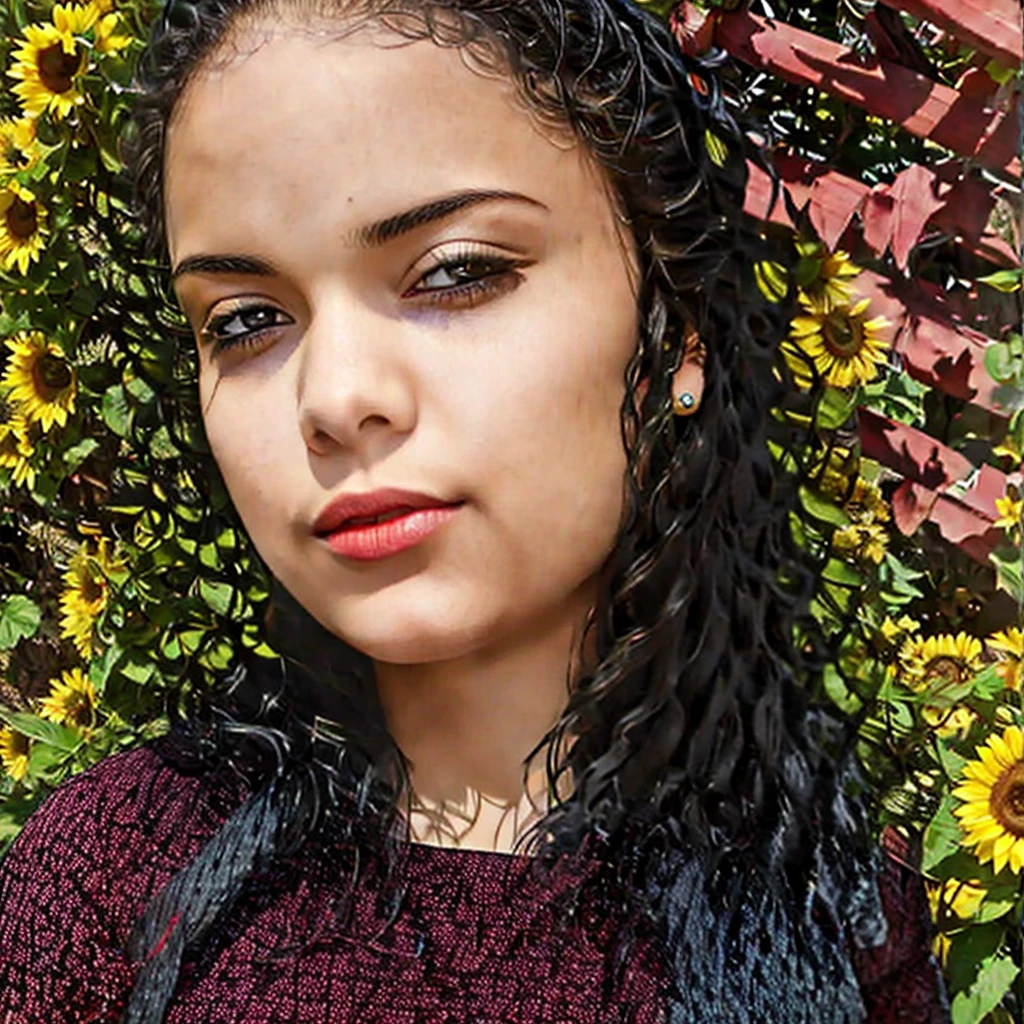 close-up, 22 yo woman (wavy black hair, brown eyes), detailed skin, wearing a red detailed dress, in a sunflower garden, looking at viewer, UHD, photorealistic, realistic, 8K, 16K, masterpiece, studio lighting, hyperrealism, professional photograph,