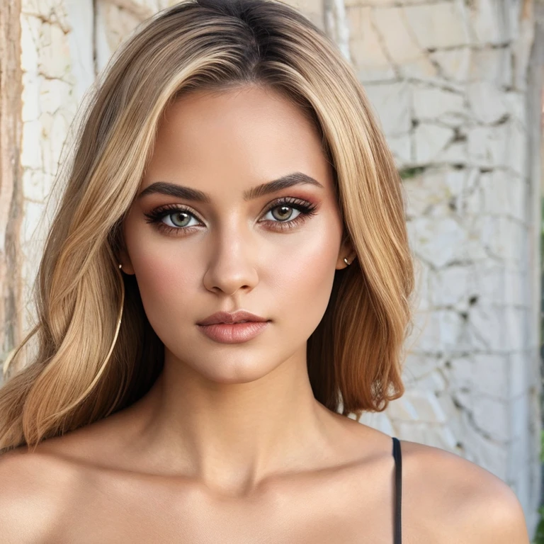 (masterpiece, best quality:1.2), 1girl, solo, (Best quality, ultra detailed) (portrait, beautiful detailed eyes, beautiful detailed lips, extremely detailed eyes and face), detailed skin, blonde hair, long hair, beautiful brown eyes, full lips, full body