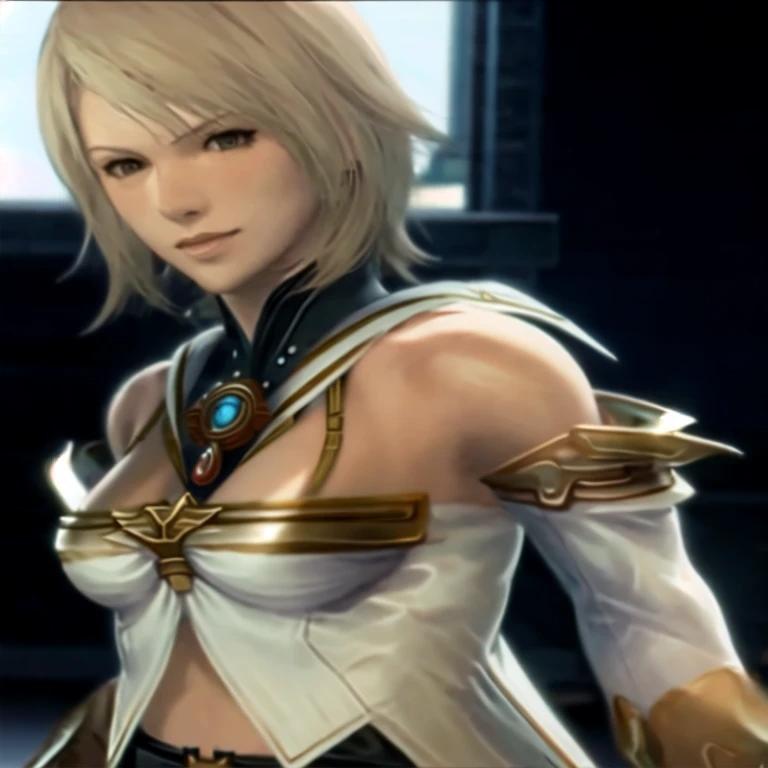 (masterpiece, best quality:1.2,simple background,white background,anime style),1girl,solo,ashe \(final fantasy\),bare shoulders,blonde hair,breasts,detached sleeves,looking at viewer,short hair,white shirt,brooch,brown eyes,smile