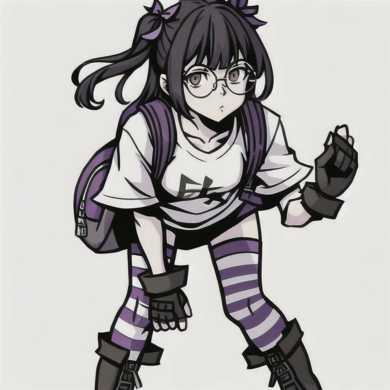 (masterpiece, best quality:1.2), 1girl, solo,miymaki,1girl, thighhighs, backpack, striped, solo, bag, striped thighhighs, glasses, gloves, shirt, fingerless gloves, bangs, boots, white background, black hair, long hair, white shirt, simple background, full body, two side up, short sleeves, black gloves, blunt bangs, own hands together, leaning forward, standing, round eyewear, looking at viewer, black bag, bow