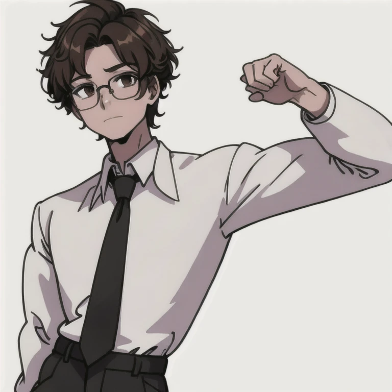 (masterpiece, best quality:1.2),Mitiyu,1boy,necktie, 1boy, brown hair, male focus, glasses, brown eyes, solo, shirt, white background, black necktie, pants, white shirt, black pants, short hair, collared shirt, looking at viewer, jacket, simple background, long sleeves, closed mouth, adjusting eyewear, white jacket, hand up
