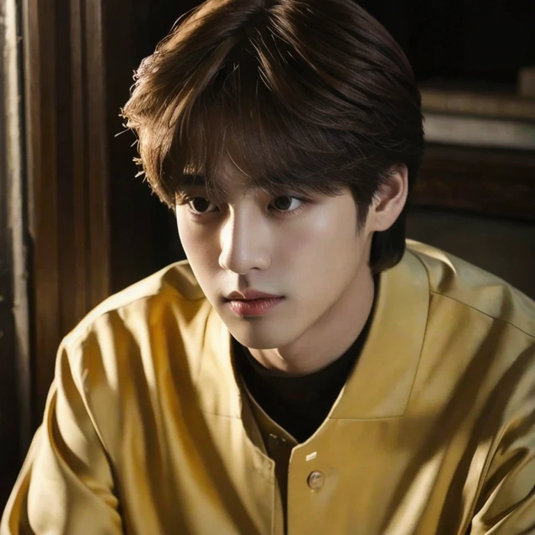 (masterpiece, best quality:1.2), (masterpiece, best quality:1.2), Kim Taehyung, V from BTS, a handsome Idol Kpop, soft light, soft look, magnificent face, majestic face, ethereal face, 1men, 1 person, solo men, ((masterpiece )), (top quality), (best quality), ((ultra-detailed, 8k quality)), Aesthetics, Cinematic lighting, (detailed line art), (best composition), (high-resolution)