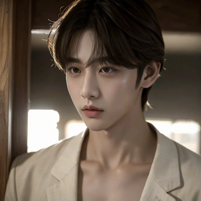 (masterpiece, best quality:1.2), (masterpiece, best quality:1.2), Kim Taehyung, V from BTS, a handsome Idol Kpop, soft light, soft look, magnificent face, majestic face, ethereal face, 1men, 1 person, solo men, ((masterpiece )), (top quality), (best quality), ((ultra-detailed, 8k quality)), Aesthetics, Cinematic lighting, (detailed line art), (best composition), (high-resolution)