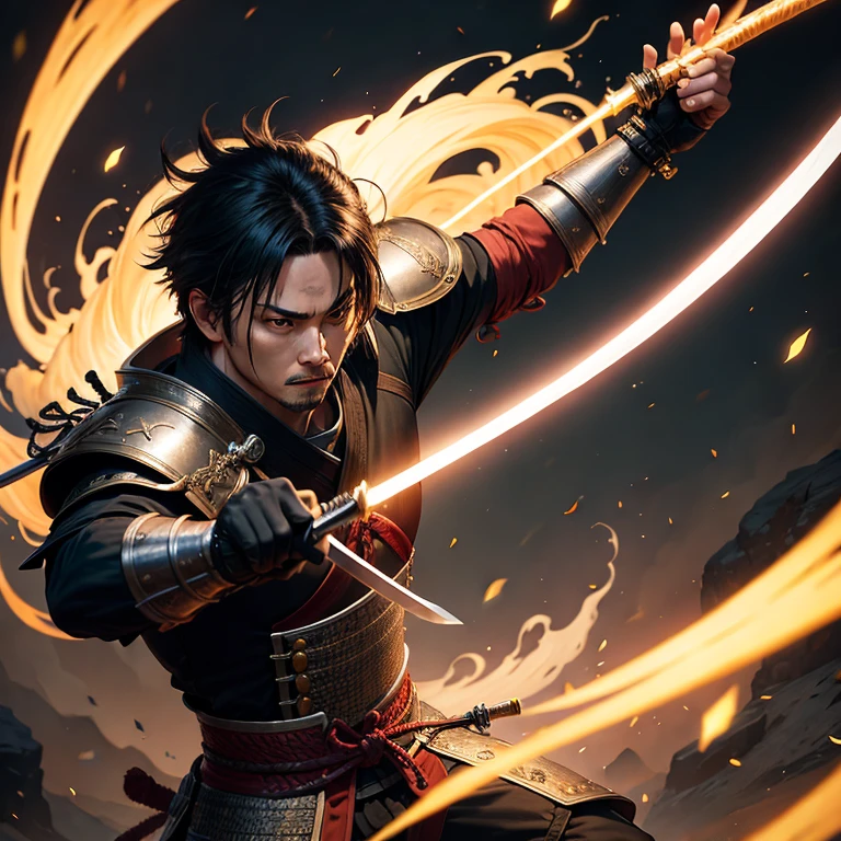 (masterpiece, best quality:1.2), a swordsman is fighting with sword, (samurai), martial arts, action, ((ultra-detailed, 8k quality)), Aesthetics, Cinematic lighting, (detailed line art), (best composition), (high-resolution)