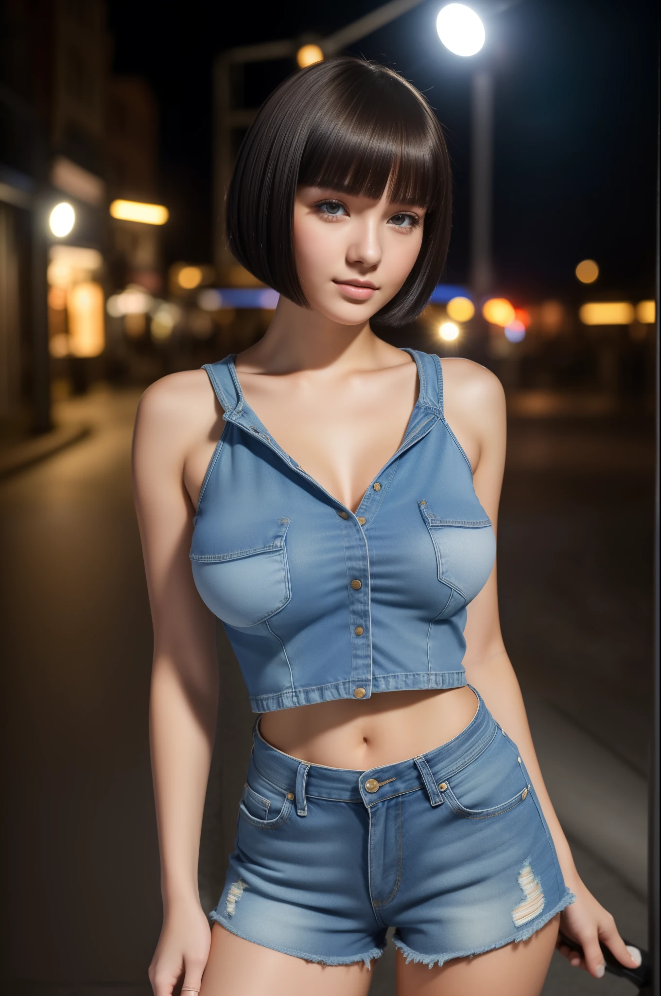 A close-up portrait photo of 18 y.o woman in denim shorts, denim top, ankle boots with high heels, Bob_cut hair, (Big breasts:1.3, background is a night town with spotlight lights, (high detailed skin: 1.2), 8k uhd, dslr, soft- lighting, high quality,