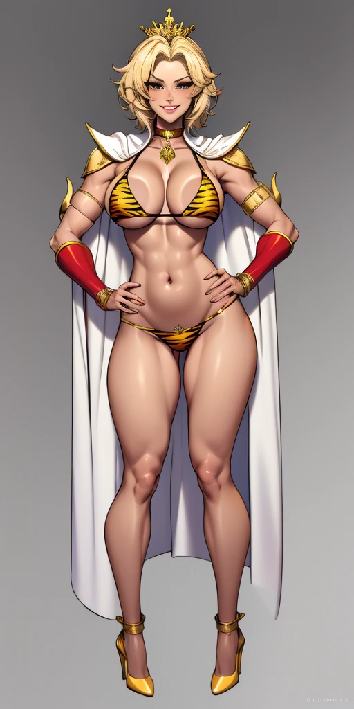 Two long thighs, yellow eyes, blonde hair, short hair, large breasts, detached sleeves, very white background, royal tiara, long cape, yellow tiger bikini, high heels, hands on hips. red tattoo on belly navel, full body female MILF BIMBO, lustful smirking smile face (red blush), metal shoulders, golden bracers sleeveless, black choker sex slave