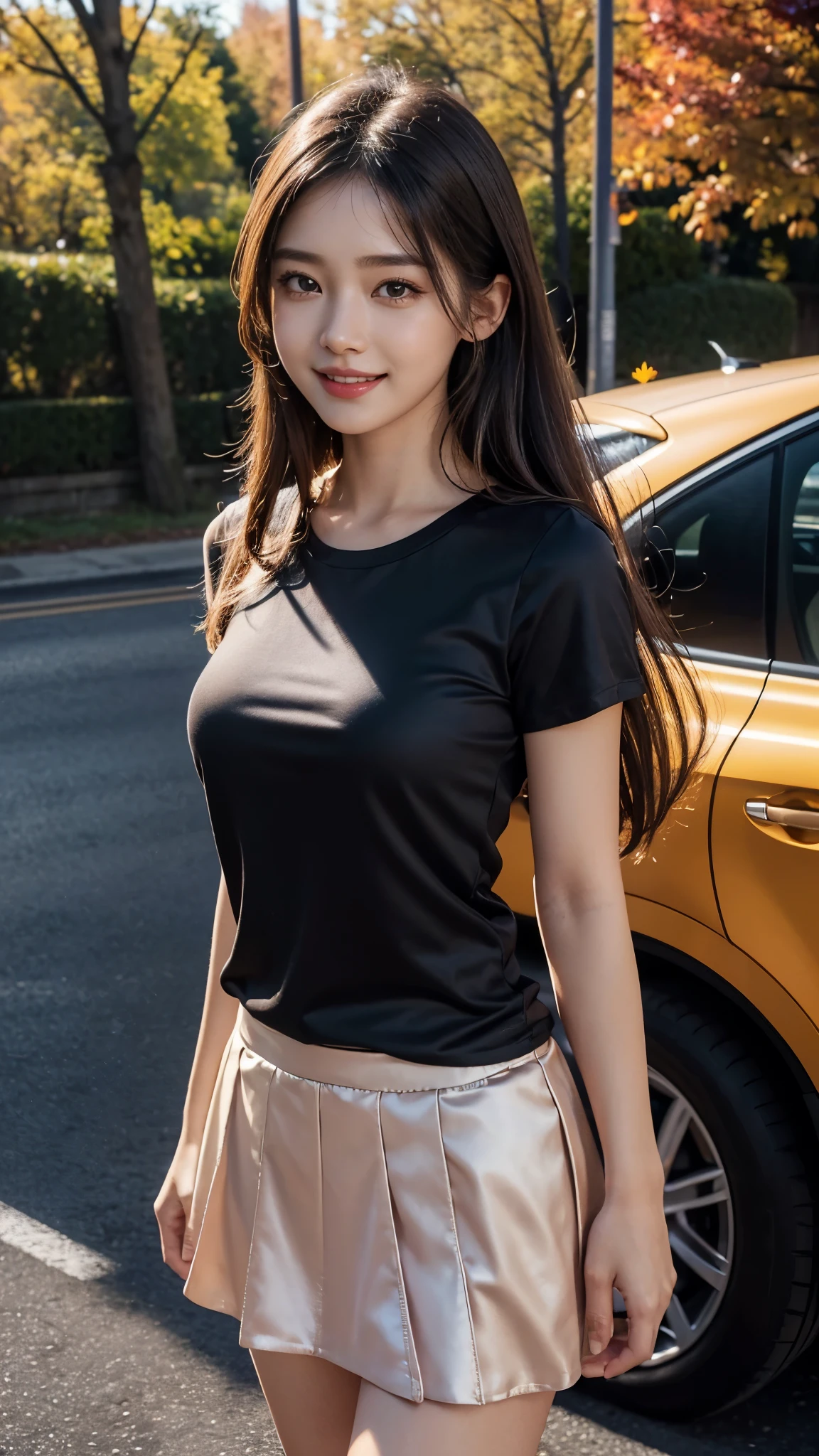 Master piece, CG Unity 8k walpaper, ((Realistic: 1.2))Ray Tracing, 64k, Beautiful 20 years girl, Asian realistic girl, Ultra Realistic, ultra HD, ((Autumn)), ((Road)), Vehicles, Solo, ((Luxury Pink silky T-shirt with luxury Yellow Knee length skirt)), Falling Orenge colour leafs, many fallen leafs in ground, Beautiful smile, ((smile: 1.2)), Standing, Stylish look, sexy angles, realistic Skin, Perfect young body, Young figure , detailed background, Detailed skin, detailed dress, Long Black hair, cinematic lighting, cinematic Photography, High resolution Dress Quality, High resolution picture quality, 