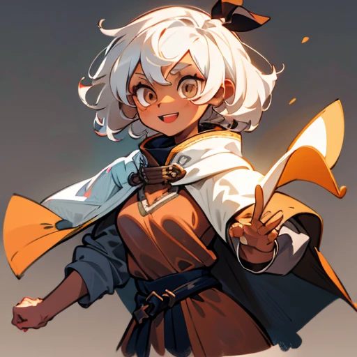 cute tomboy girl, cute, medium white hair, tan skin, curly hair, brown eyes, cheerful expression, simple clothing, fantasy clothing, simple cloak, wearing a cloak over simple clothing, best quality, details, 8k, breasts 