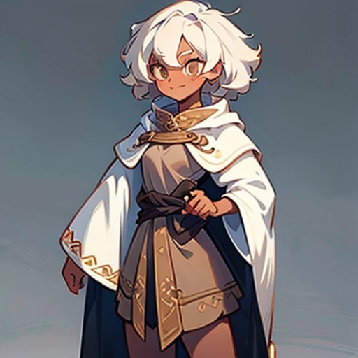 cute tomboy girl, cute, medium white hair, tan skin, curly hair, brown eyes, cheerful expression, simple clothing, fantasy clothing, simple cloak, wearing a cloak over simple clothing, best quality, details, 8k, breasts 