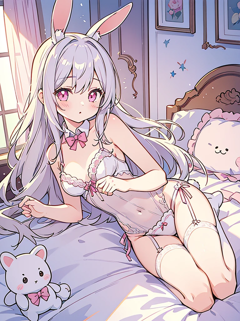 beautiful illustrations, highest quality, pretty girl, 1girl, Bedroom, pastel colour, fluffy rabbit ears, (two-separated lingerie), cute lingerie, long silver hair, rabbit stuffed animal, bright lighting, Pale pink eyes