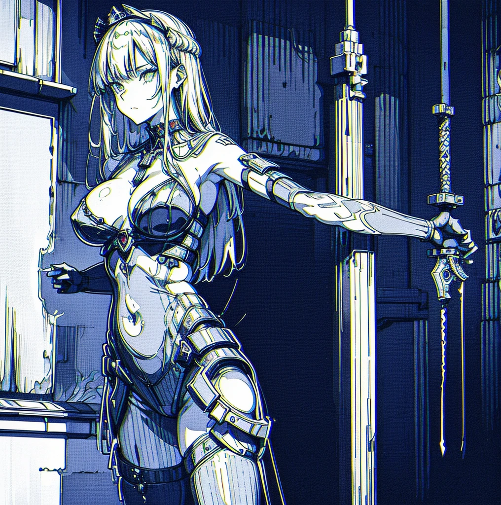 there is a cartoon image of a woman holding a sword, wielding a magical sword, brandishing powerful sword, brandishing cosmic weapon, dramatic wielding sword pose, [ digital art ]!!, brandishing futuristic sword, brandishing a powerful sword, magical sword, holographic blade!, digital art!!, dual wielding two magical swords, with large sword, a close up of a sheet of text with a lot of dots, ascii art, computer glitch, ( ( glitch art pixel sorting ) ), scanlines, corrupted data, ascii, perlin noise, matrix text, anime girl in ascii art style, corrupted file, computer glitches, datamoshed, datamoshing, cartoon of a woman in a bikini with a necklace on her neck, digitally colored, character is in her natural pose, she is dancing. realistic, hands behind her body pose!, cell shaded adult animation, inked and colored, realistic shaded perfect body, sexy pudica pose gesture, colored screentone, cel shaded:15, comic digital art, colored lineart, A girl reading a book while sitting in a throne with and a sword around her arm, blonde girl posing in the bathroom and looking out a window, a naked woman standing in front of some windows holding her hands on her hippies
