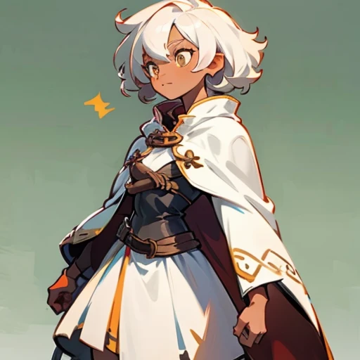 cute tomboy girl, cute, medium white hair, tan skin, curly hair, brown eyes, cheerful expression, simple clothing, fantasy clothing, simple cloak, wearing a cloak over simple clothing, best quality, details, 8k, breasts 